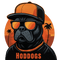 Dog wearing sunglasses and a cap with 'HODDOGS' text against a sunset palm tree background