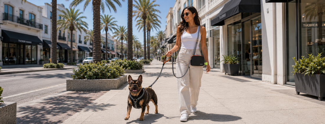 Woman walking her dog and keeping him cool with dog walking sling bag and dog cooling vest
