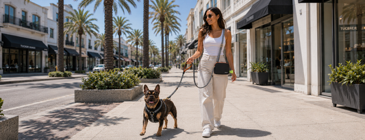 Woman walking her dog and keeping him cool with dog walking sling bag and dog cooling vest