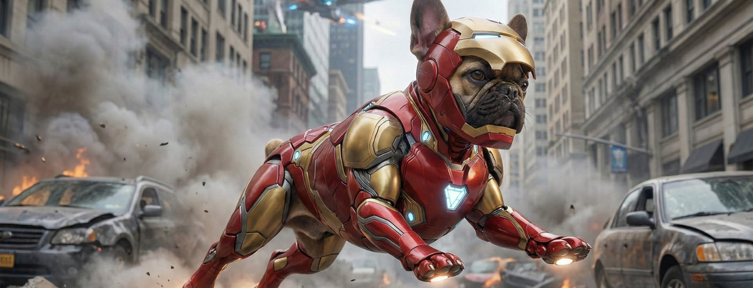A french bulldog in an Iron Man suit with a city exploding behind him 