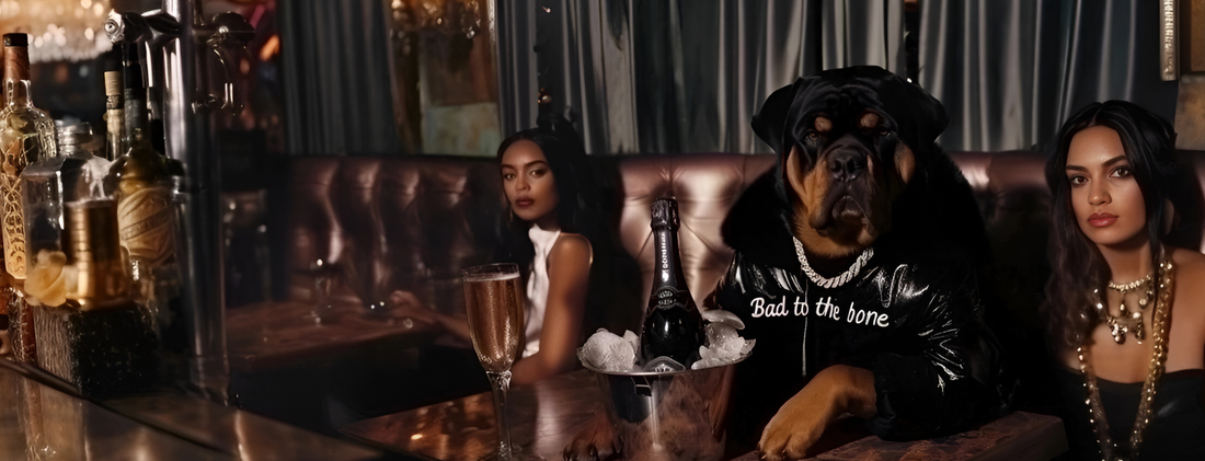 A Rottweiler sitting in a bar wearing a leather jacket with two ladies 
