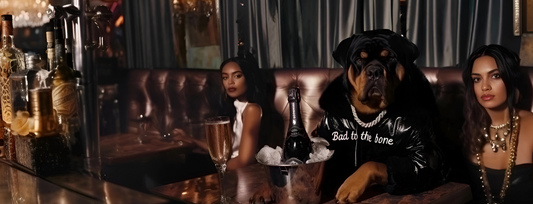 A Rottweiler sitting in a bar wearing a leather jacket with two ladies 
