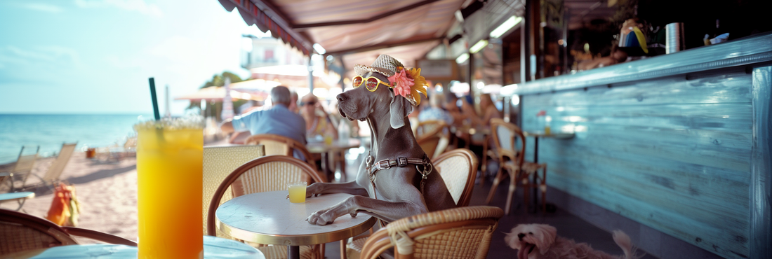 A weimaraner wearing a hat with flowers at a beach cafe 