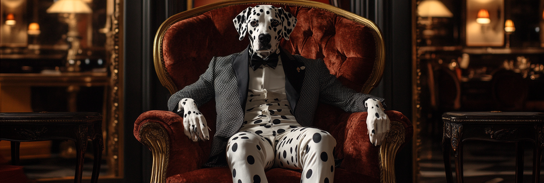 A Dalmatian wearing a suit sitting in a velvet chair