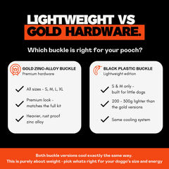 Lightweight vs gold hardware dog cooling harnesses 