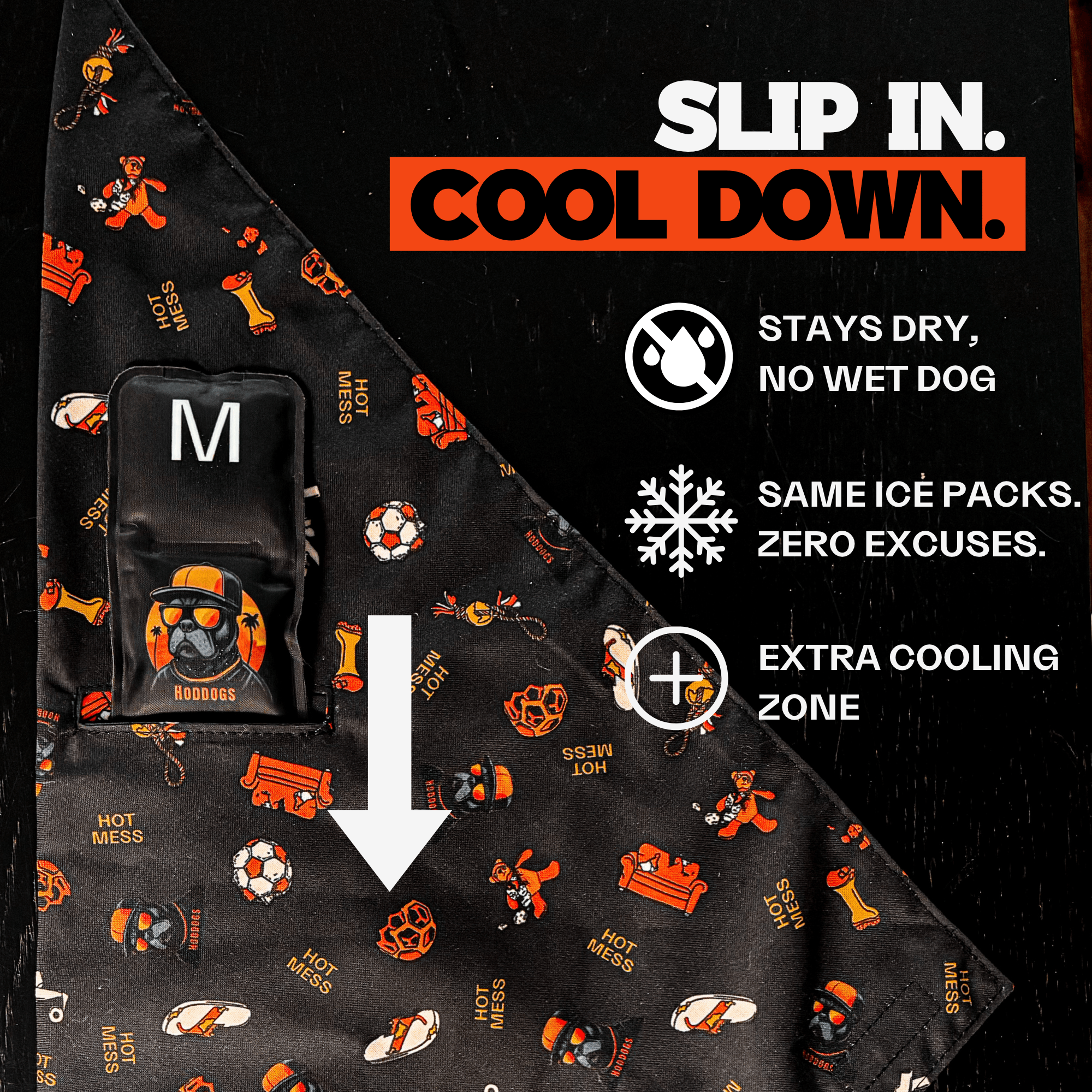 Dog cooling bandana with cartoon designs and text highlighting features on a black background