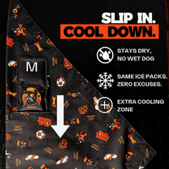 Dog cooling bandana with cartoon designs and text highlighting features on a black background