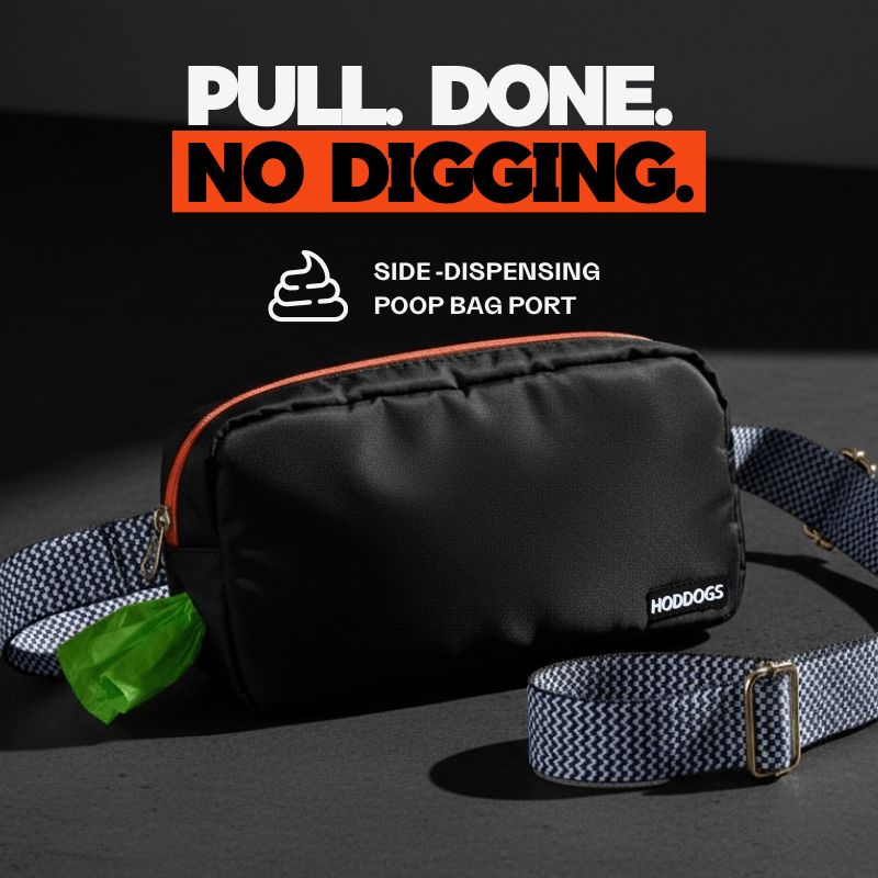 Black dog walking bag with side poop bag dispenser with strap on a dark background, featuring text 'Pull. Done. No Digging.'