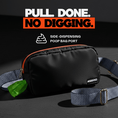 Black dog walking bag with side poop bag dispenser with strap on a dark background, featuring text 'Pull. Done. No Digging.'