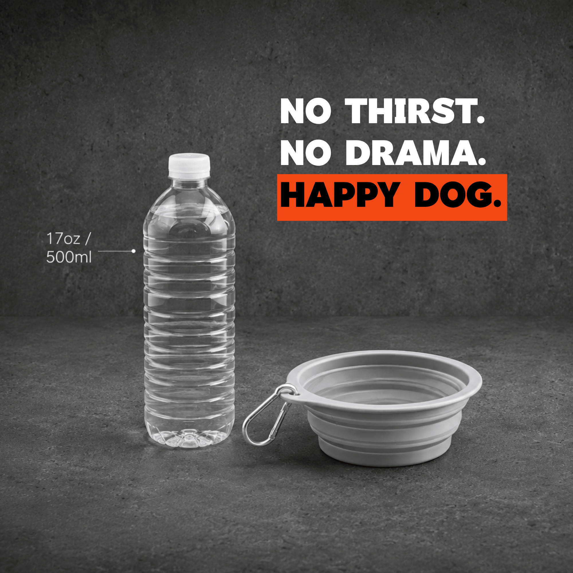 Water bottle and collapsible dog bowl with 'Happy Dog' text on a dark background