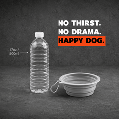 Water bottle and collapsible dog bowl with 'Happy Dog' text on a dark background