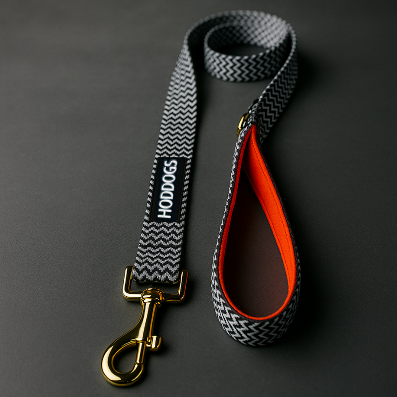 Hoddogs Dog leash with black and white pattern, red interior, and gold clasp on a dark background