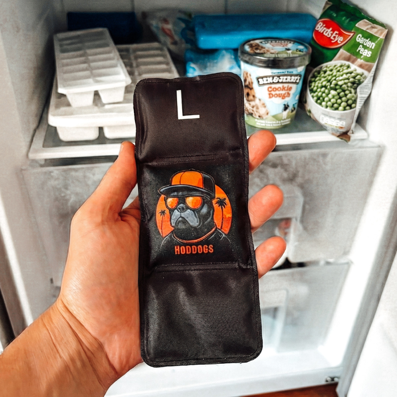 Hand holding a Hoddogs Gel Ice Pack in front of an open freezer.