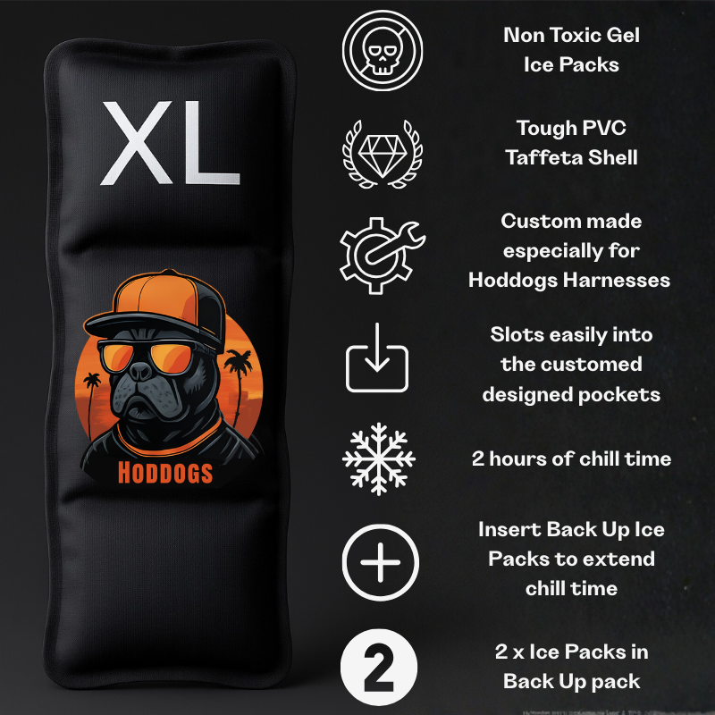 Black gel ice pack with Hoddog Logo and product features on a black background