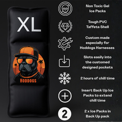 Black gel ice pack with Hoddog Logo and product features on a black background