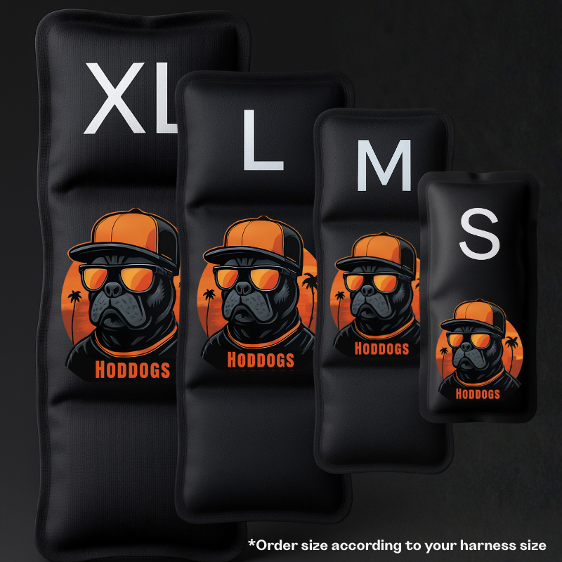 Set of Hoddogs Gel Ice Packs and size labels on a dark background