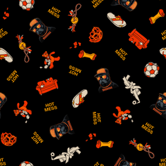 Pattern of Hoddogs cartoon characters and objects with 'Hot Mess' text on a black background
