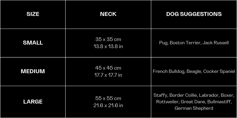 Table showing dog size chart with neck dimensions and suggested dog breeds for Rebel Rag Dog Bandana