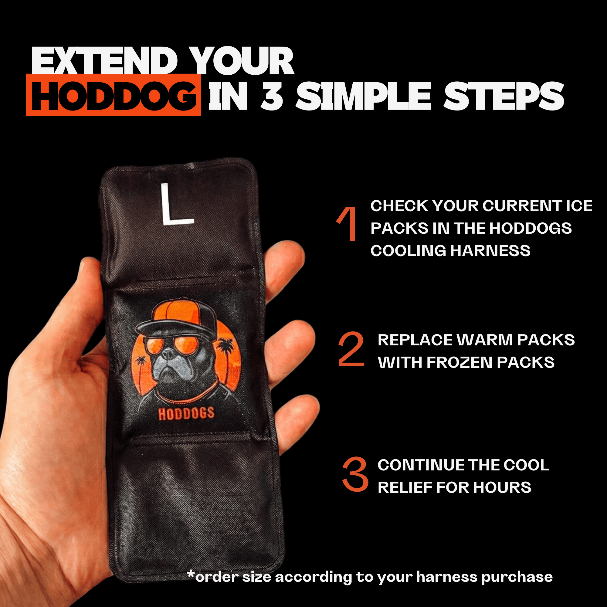 Hand holding a black ice pack with orange design, labeled 'Hoddog', against a black background with text on how to use it.