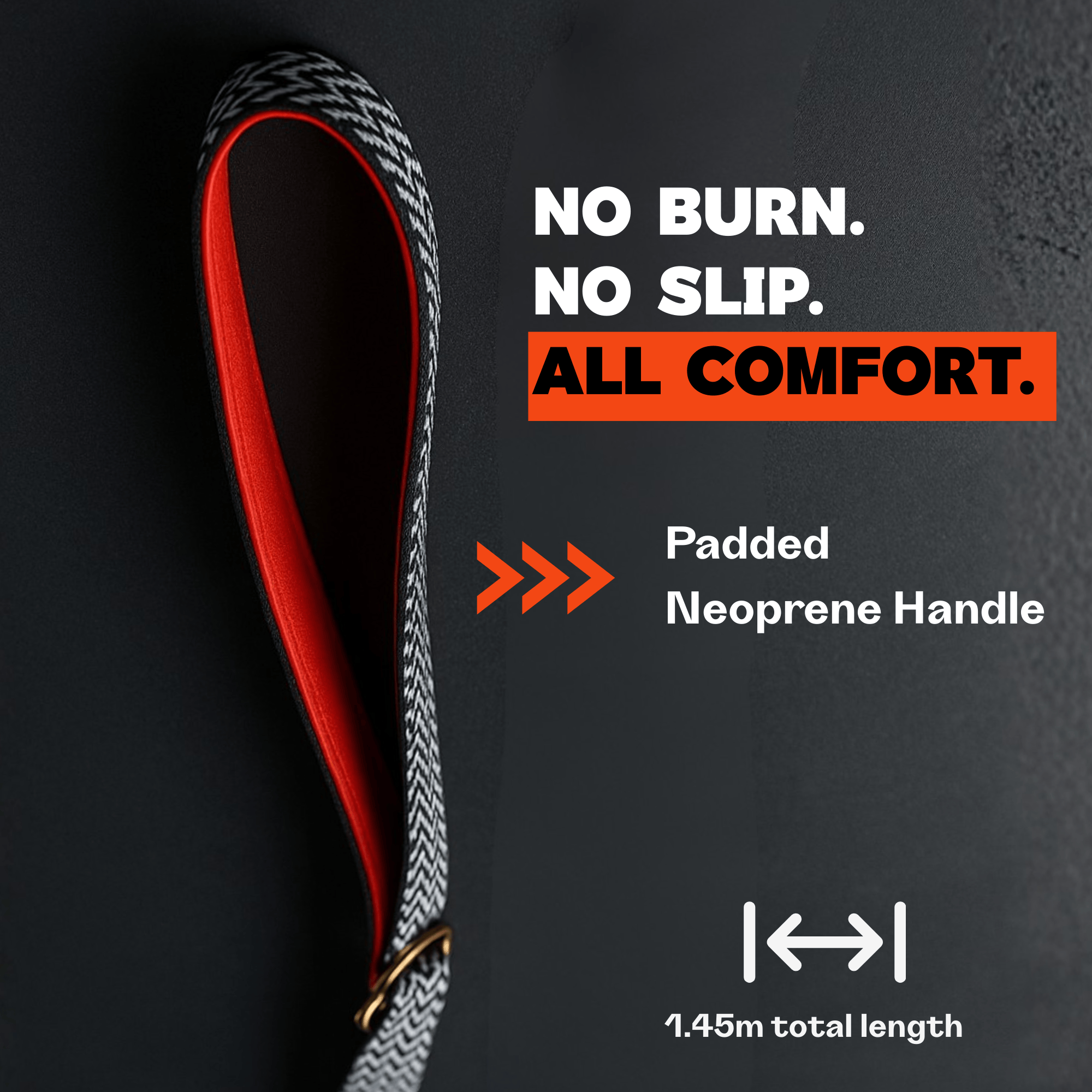 Dog leash with text highlighting 'No burn. No slip. All comfort.' on a dark background