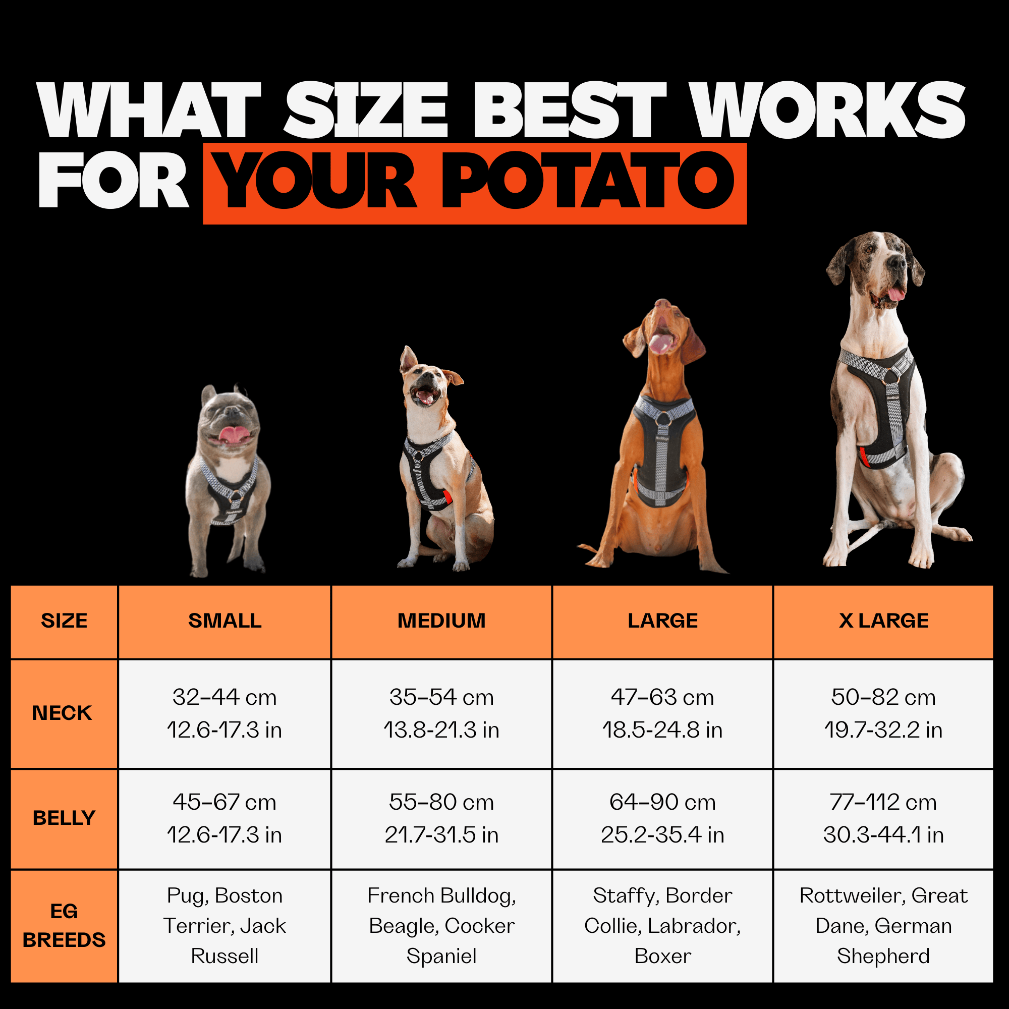 Dog cooling harness size chart with breeds for different sizes on a black background