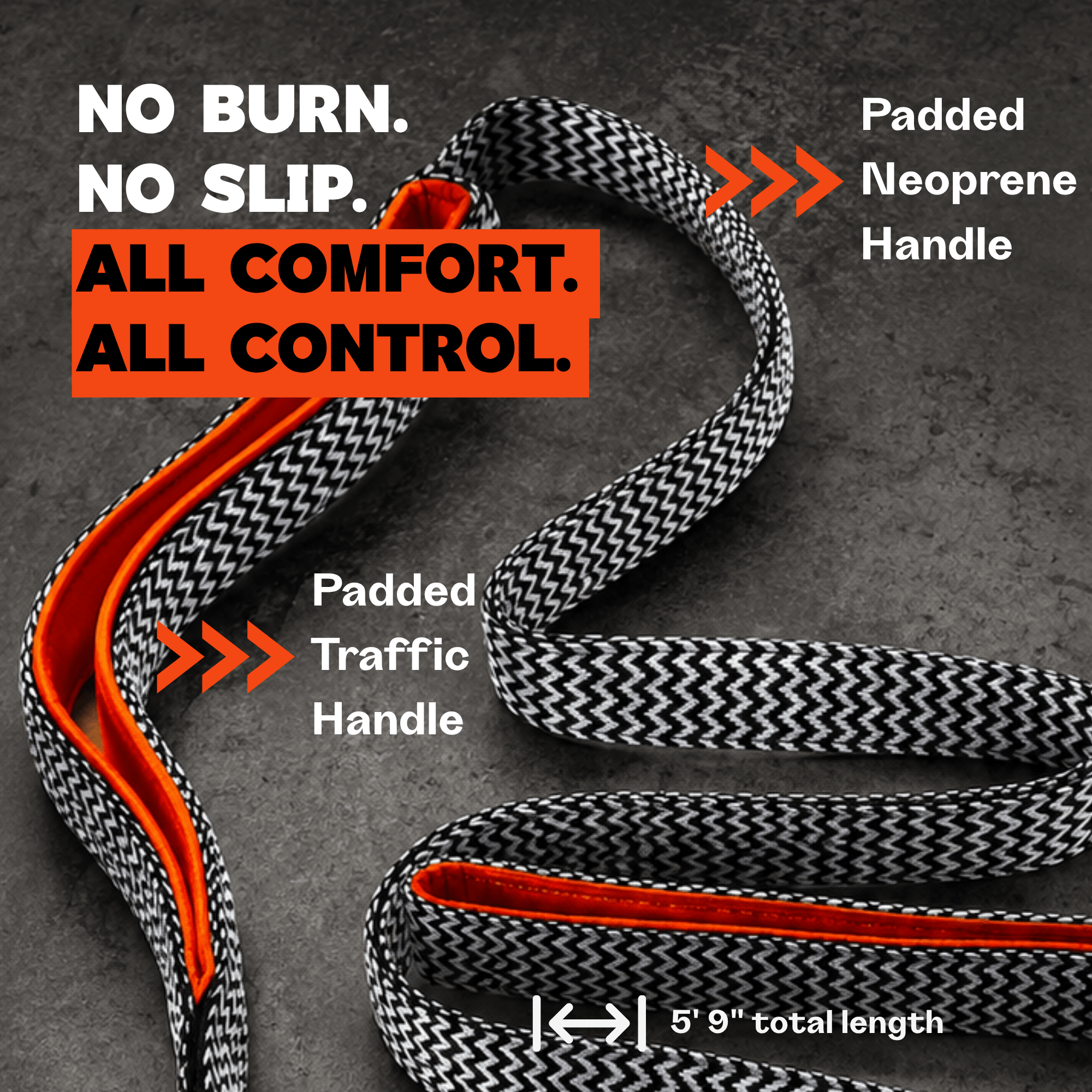 Chevron traffic handle l dog leash with orange accents on a dark background, featuring product features and benefits.