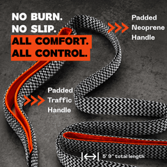 Chevron traffic handle l dog leash with orange accents on a dark background, featuring product features and benefits.