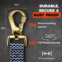 Gold secure lock clip and chevron traffic handle dog  leash on a dark background, highlighting features like durability and security.