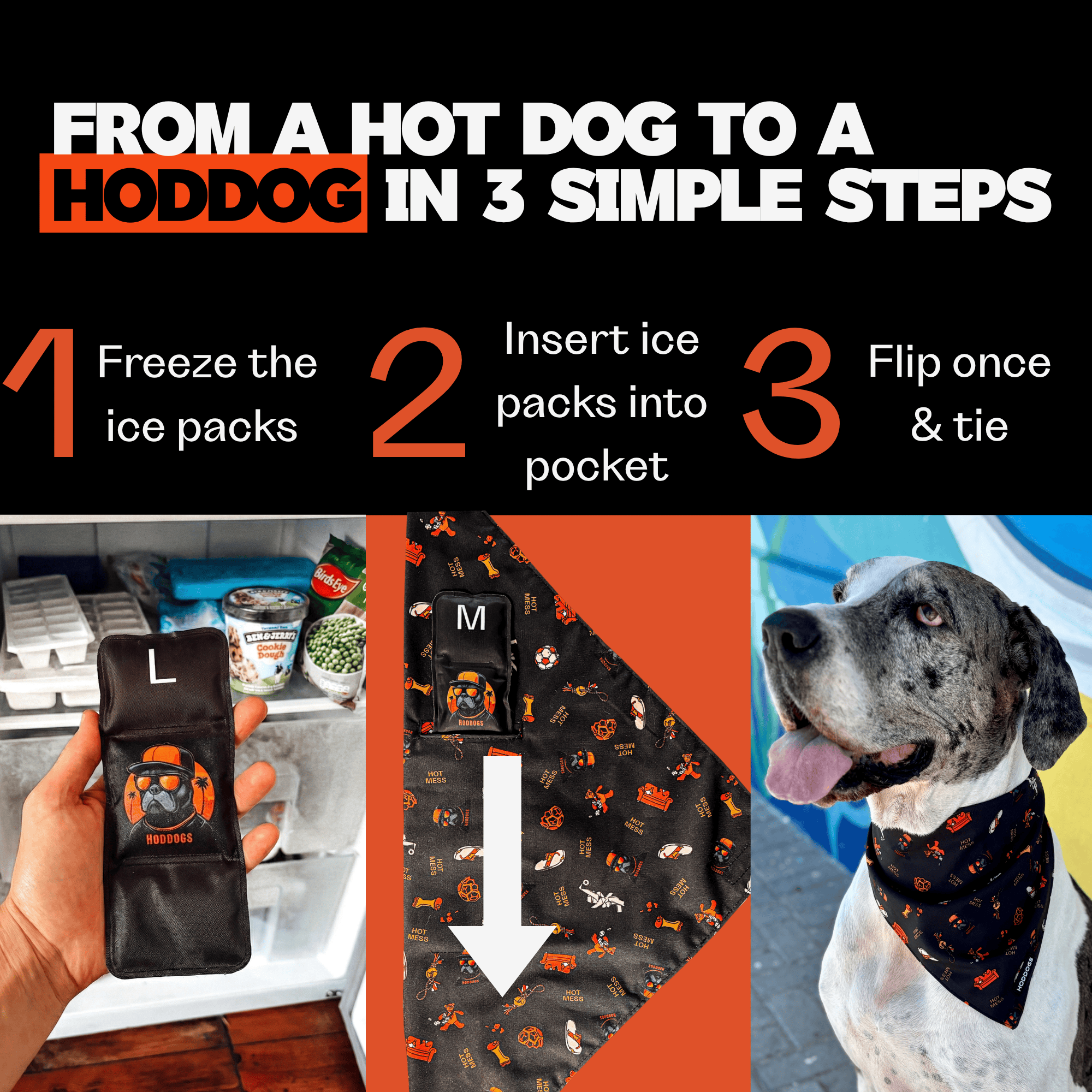 Instructions for using a dog bandana with ice packs, showing a hand holding an ice pack, a patterned bandana, and a dog wearing it.