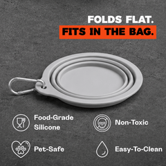 Collapsible silicone dog bowl container with features highlighted on a dark background